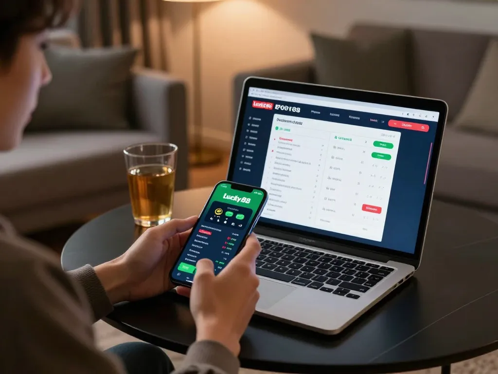 Excited player engaging with the Lucky88 sports betting app on smartphone during cozy home gaming session.