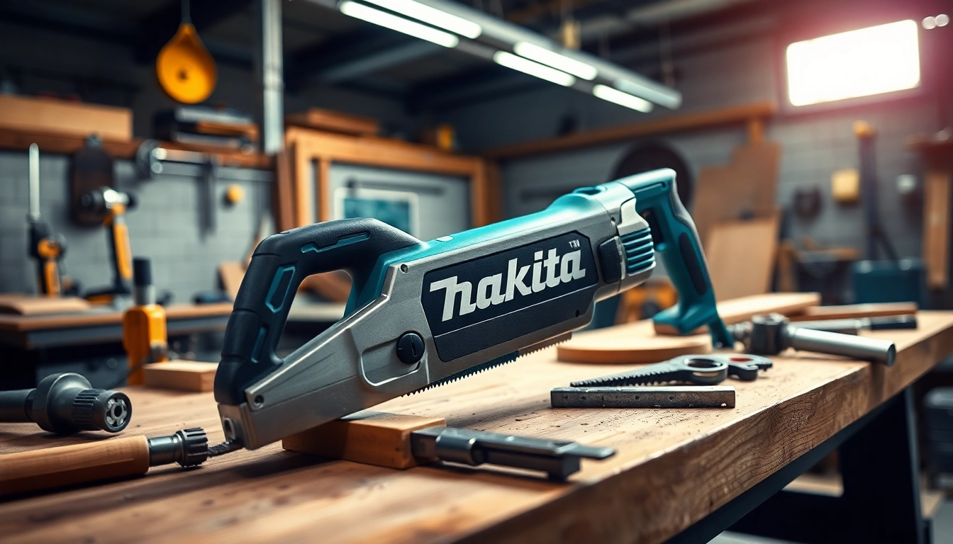 Makita hacksaw showcased on a workshop bench, highlighting its precision and design.