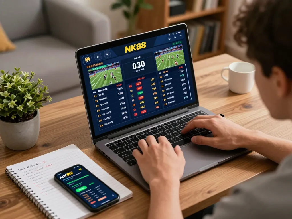 Engaged user placing bets on https://nk88vina.app/ from their home setup, viewing live sports odds.