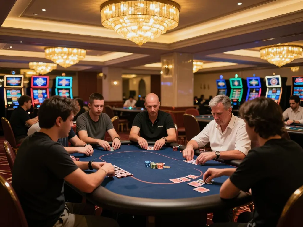 Vin88 exclusive gaming session with focused players at a high-stakes poker table illuminated by elegant chandeliers