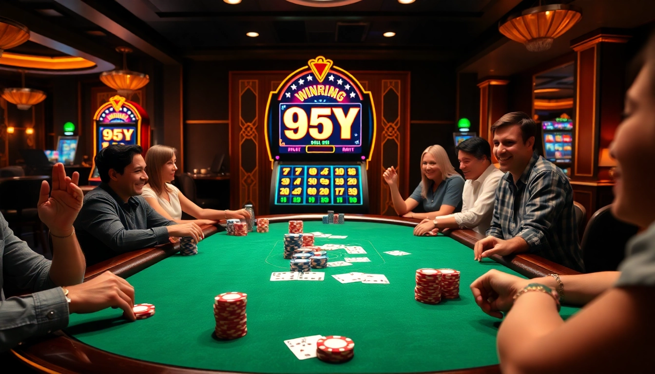 Players enjoying a thrilling poker game at 95Y's luxurious casino.