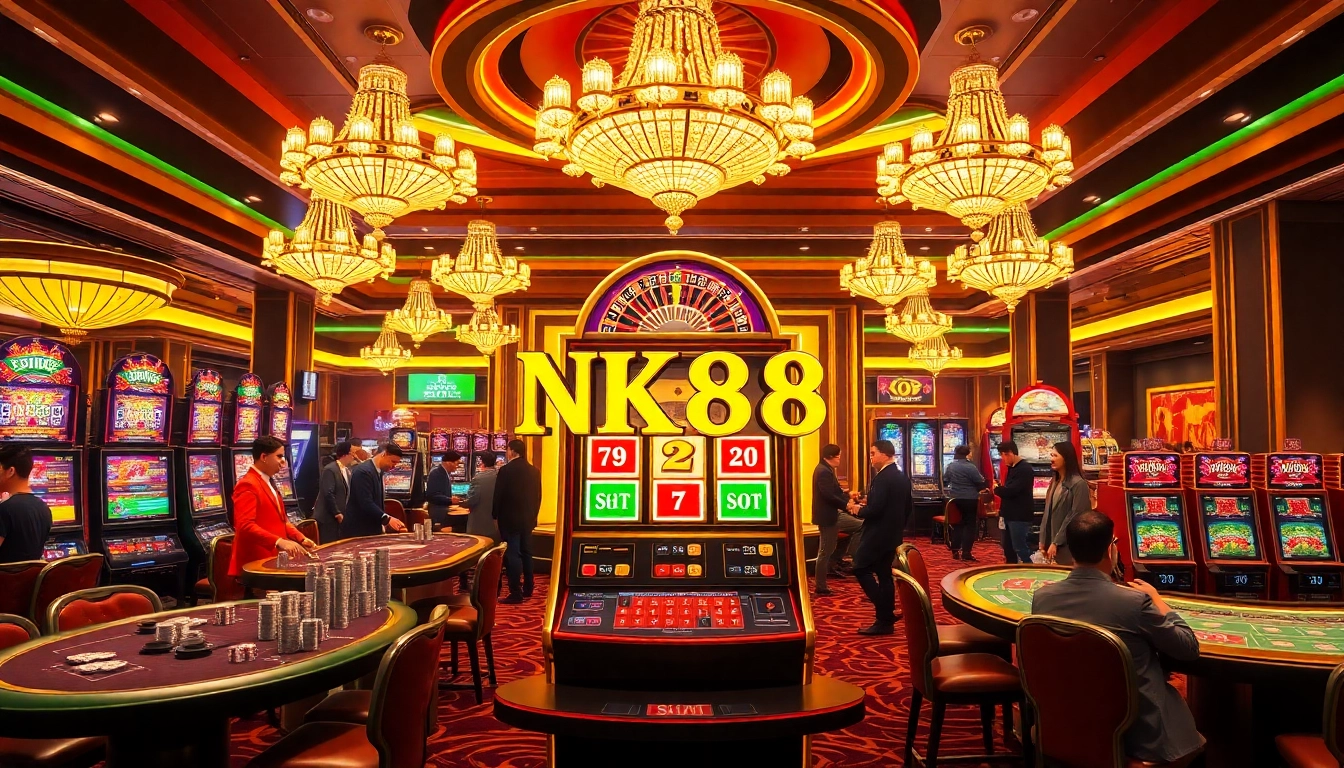 Excited players enjoying the NK88 SLOT experience in a lavish casino setting.