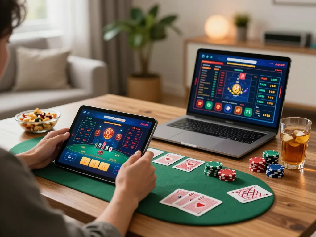 Engaged player using C168 app on tablet for online casino gaming in cozy home setting