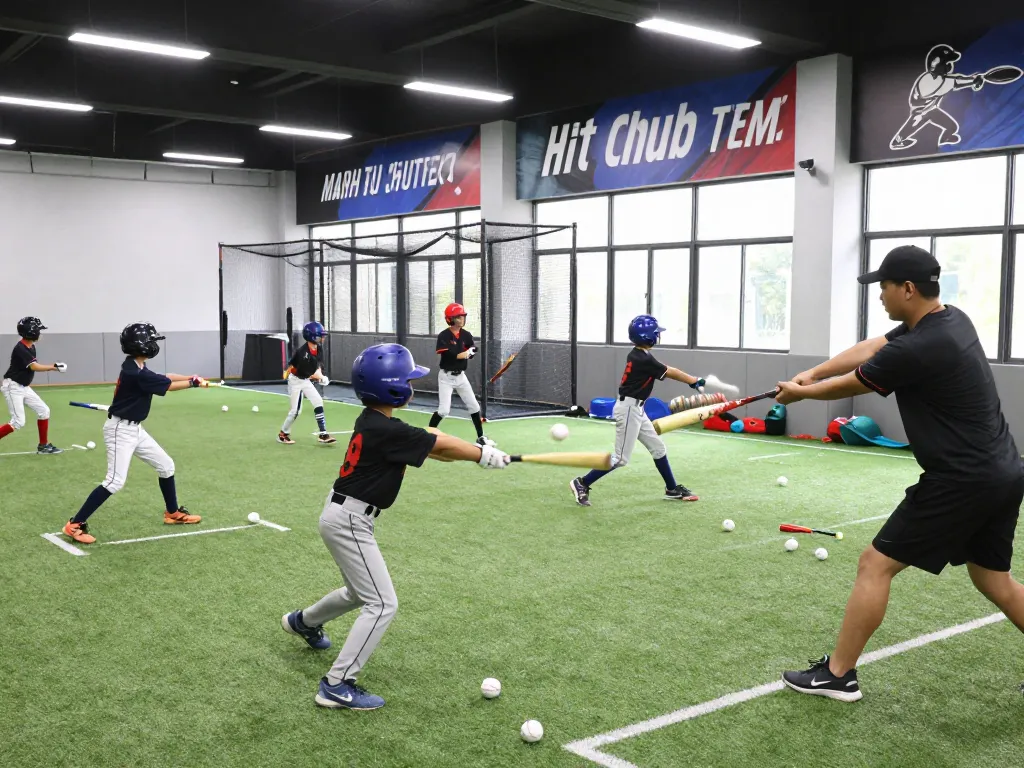 Young athletes training at hit club, practicing batting techniques in a dynamic indoor facility.