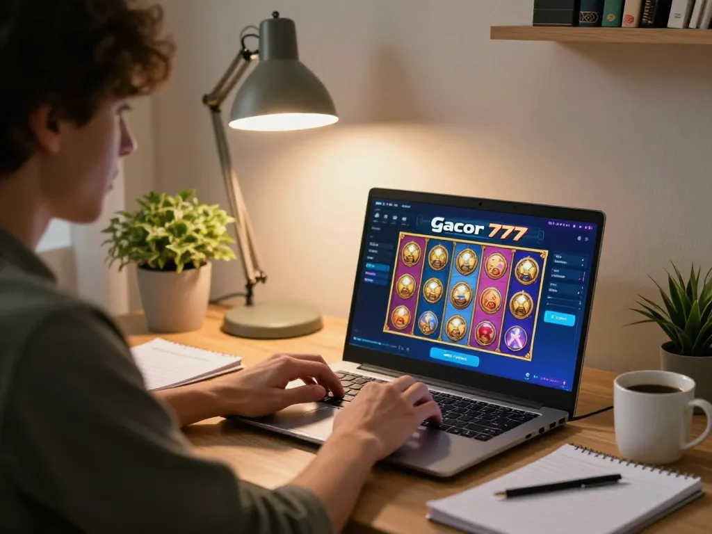 Engaging with slot gacor 777 interface in a cozy home office setting showcasing online gaming.