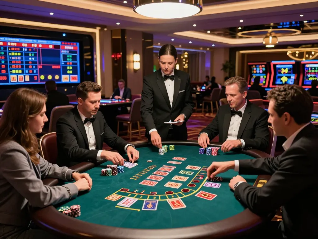 Exciting gameplay at zx 88 bet casino, diverse players at a baccarat table, vibrant ambiance.