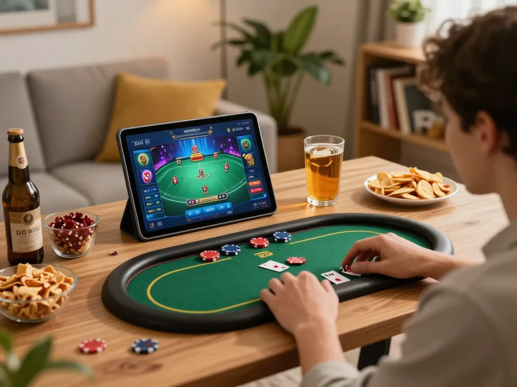 Engaged player enjoying Free Credit No Deposit 30 poker game on tablet in cozy home setting.