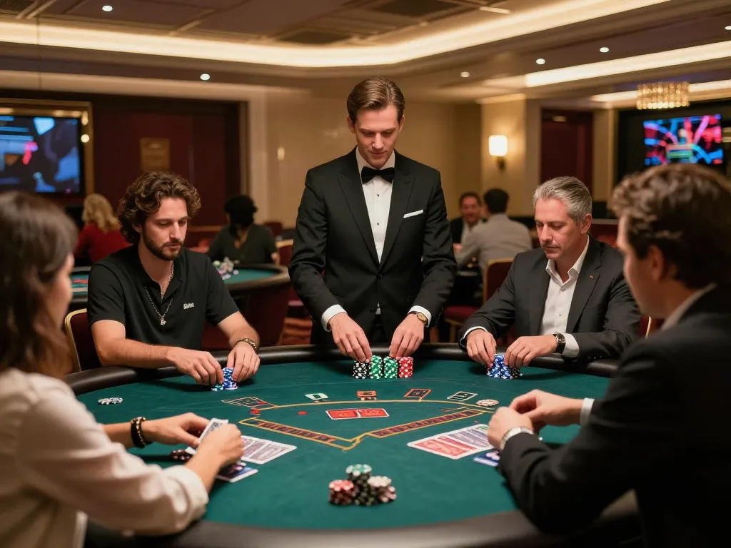 Players enjoying an exciting blackjack game at 555WIN's live casino, showcasing an engaging atmosphere and professional dealer