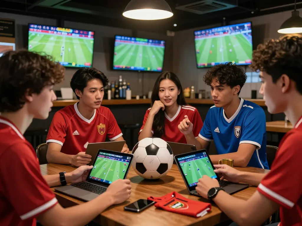 Engaged sports fans analyzing kèo nhà cái hôm nay in a lively bar atmosphere