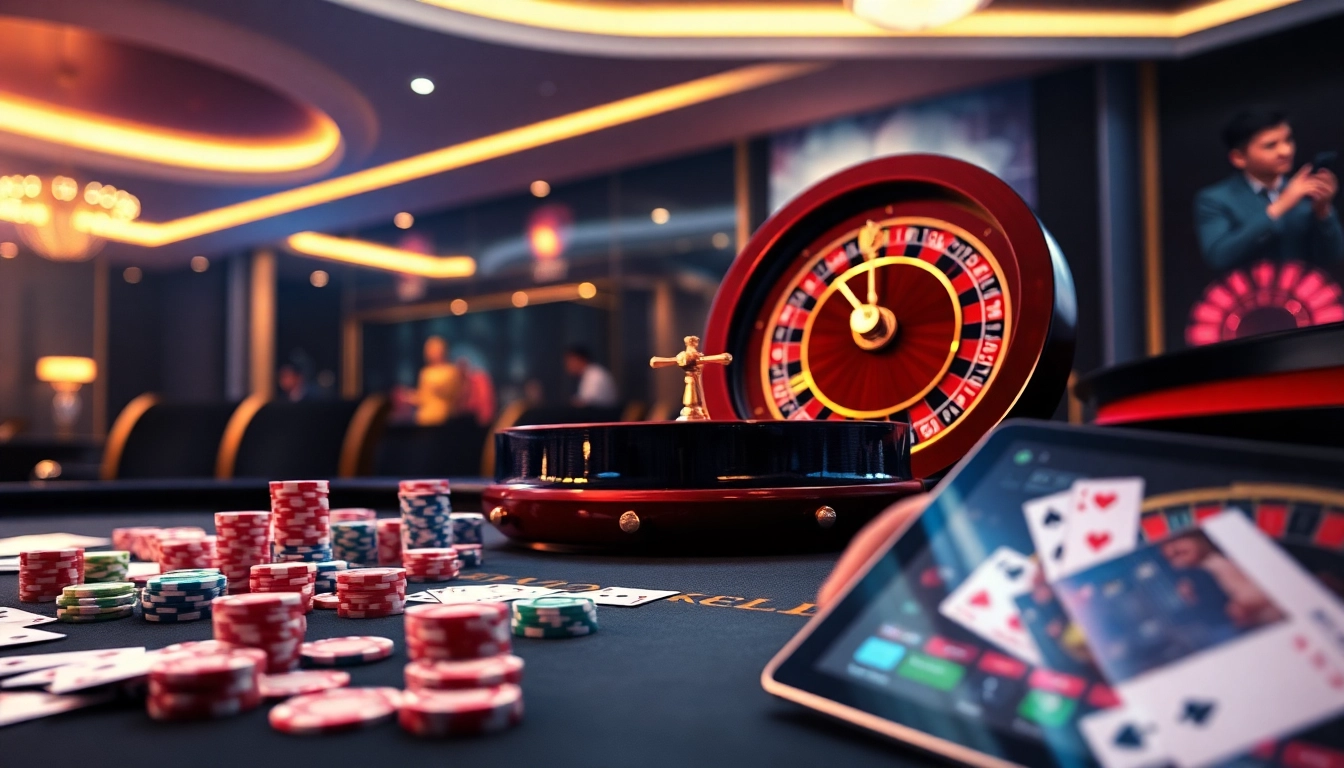 A table filled with poker chips, cards, and a roulette wheel representing online gambling at 789f com.