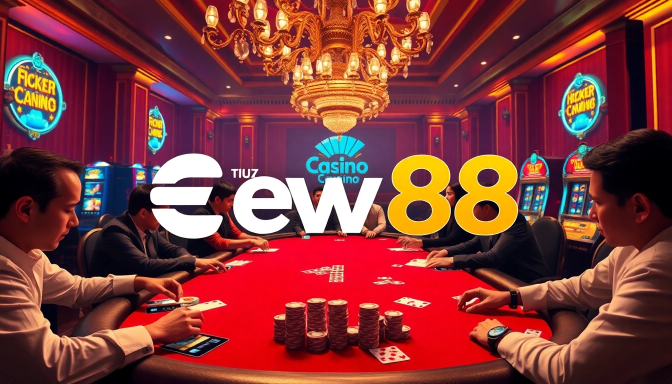 Players enjoying an intense poker game at Ev88 casino, featuring stacks of chips and playing cards.