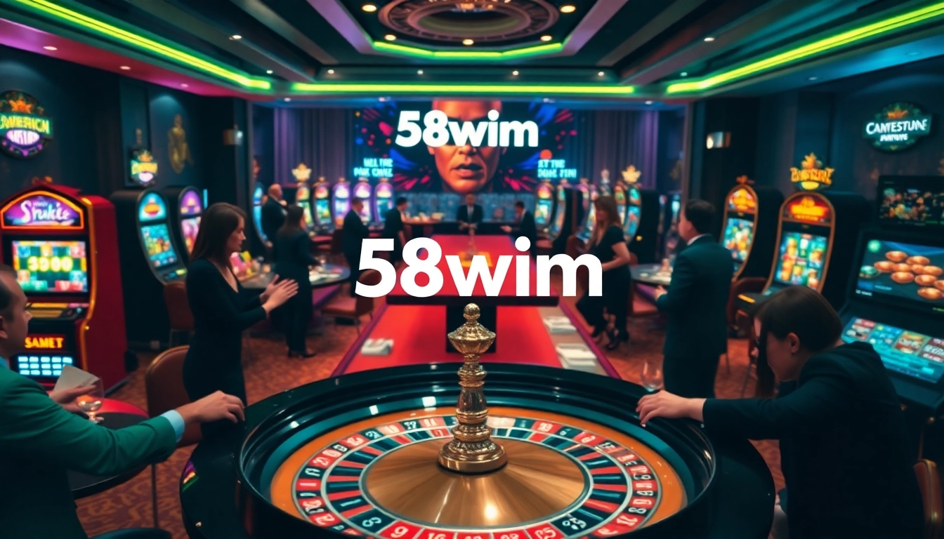 Excitement of players at the 58wim casino with roulette and poker tables showcasing a luxurious gambling atmosphere.
