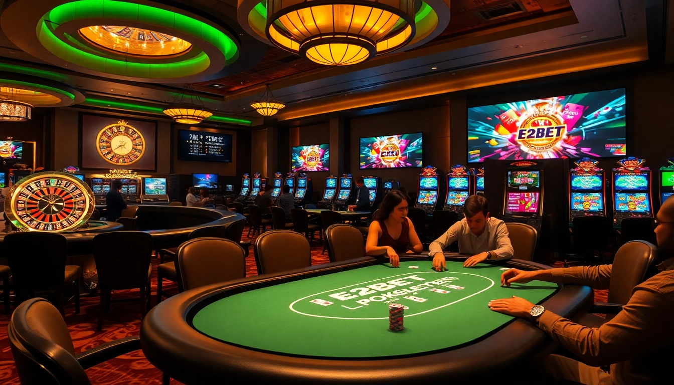 E2BET casino poker table with enthusiastic players and vibrant slot machines creating a luxury gaming atmosphere.