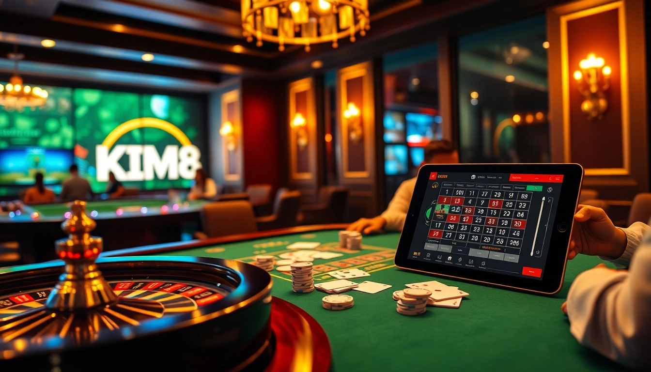 Exciting gaming atmosphere at trang chủ kim88 with poker tables and roulette wheels highlighting online gambling.