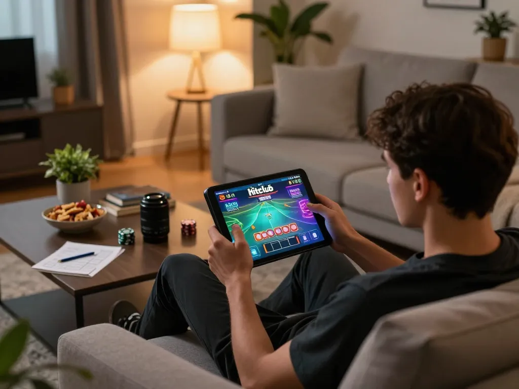 Tải hitclub while enjoying a comfortable home gaming experience on a tablet, showcasing relaxed entertainment.