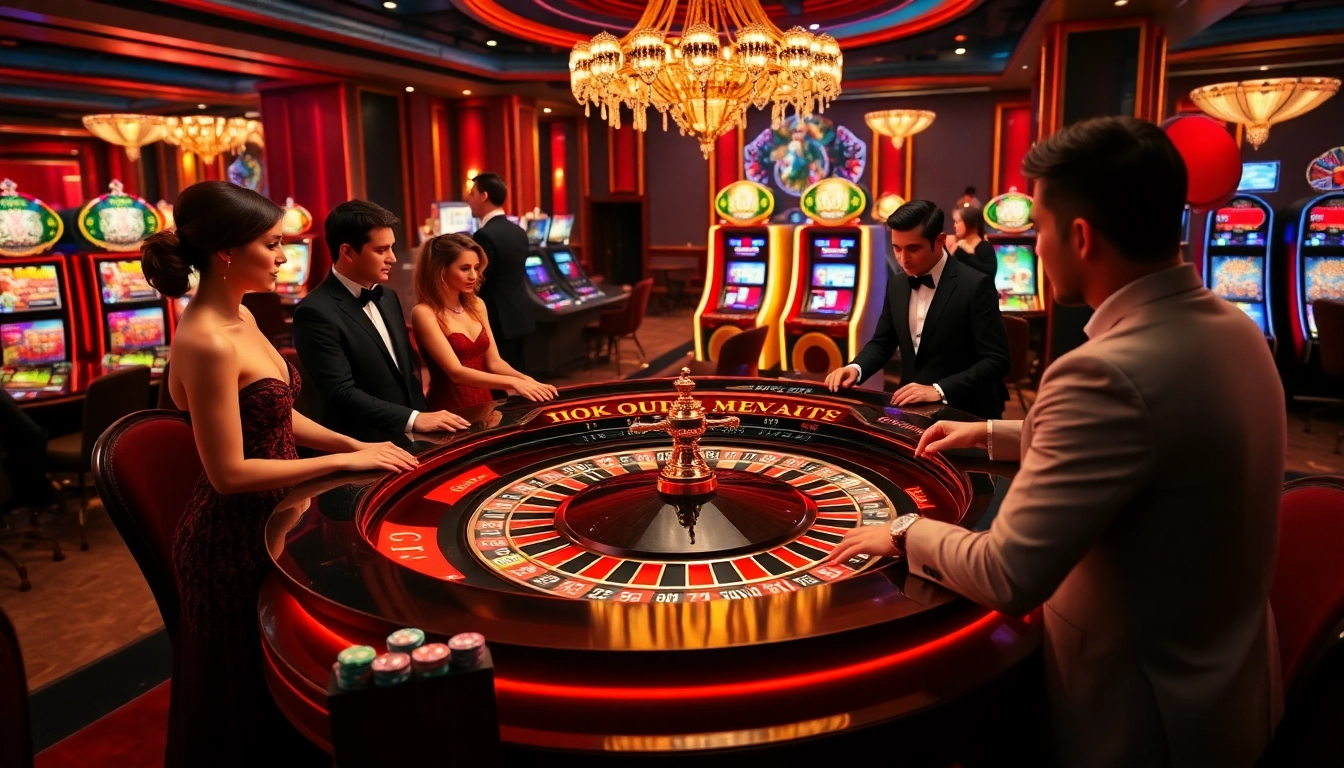 Players engaging in high-stakes gambling on the f168 platform at a luxurious casino scene.