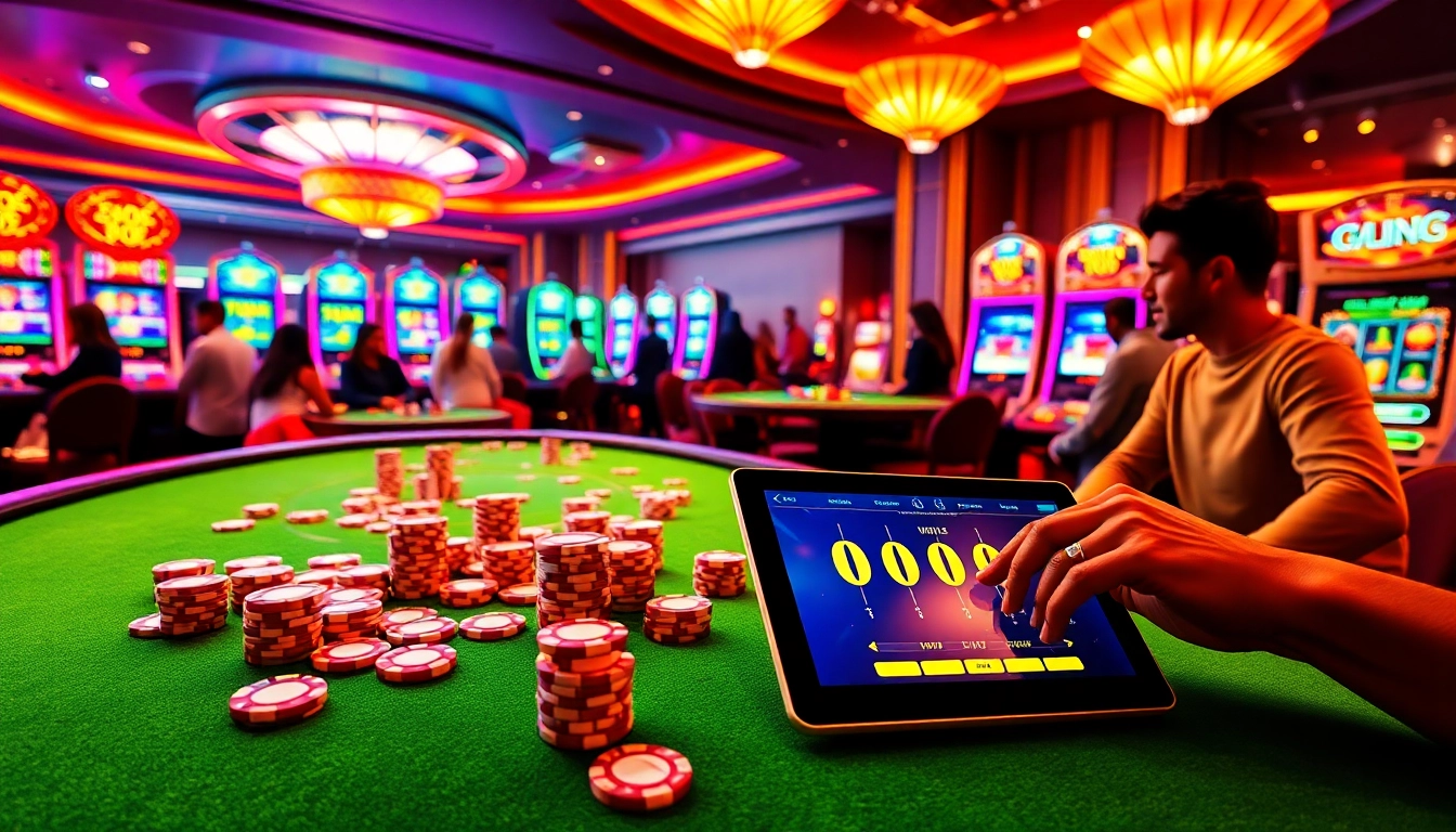 Experience the thrill of okfun games with vibrant casino tables, lively players, and dazzling slot machines.