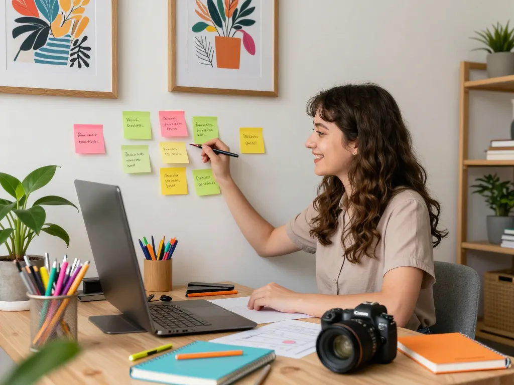 Custom sticky notes being used by a woman in a creative office for organizing tasks.