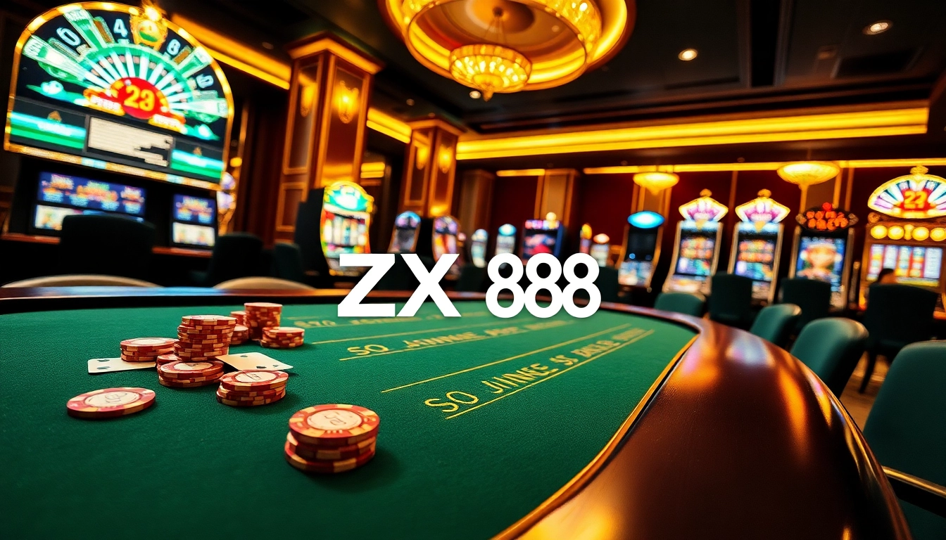 Experience thrilling action at ZX 88's lavish casino, showcasing poker chips, cards, and vibrant slot machines.