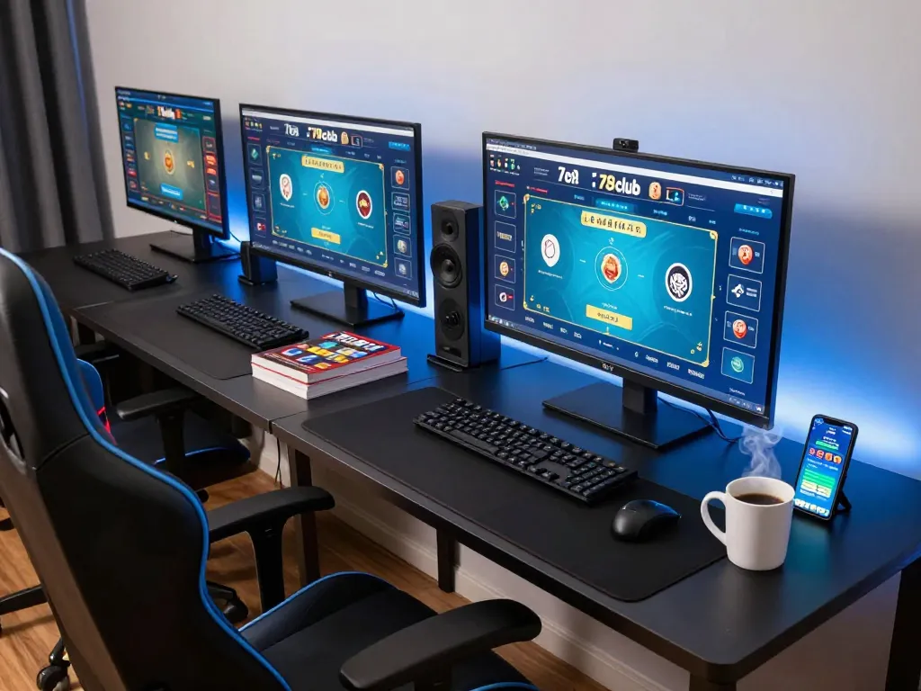 Engaging in a strategic online poker game at 789club with multiple screens and a cozy setup.