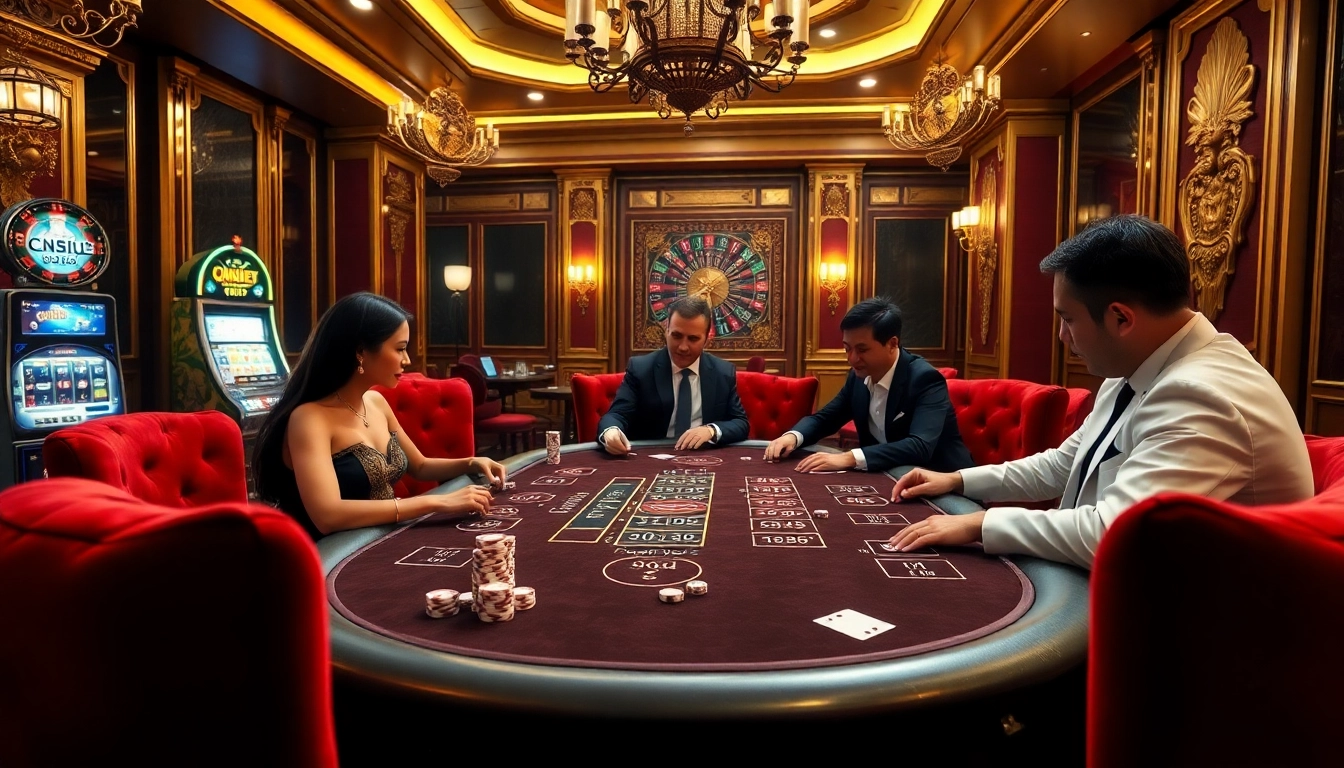 Experience high-stakes action at open88's luxurious poker table with players and vibrant casino elements.