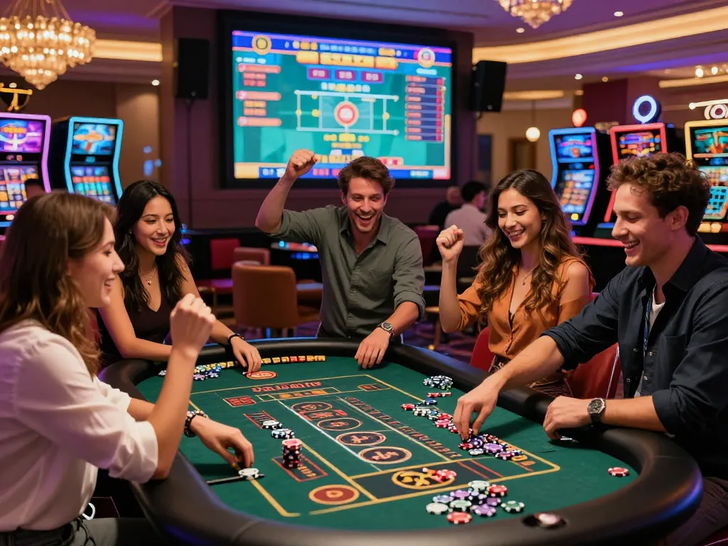 Exciting moment at RIKBET casino with friends celebrating a digital roulette win.