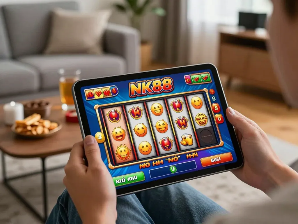 Engaging home gaming with NK88 nổ hũ on tablet, vibrant slot graphics in cozy setting.
