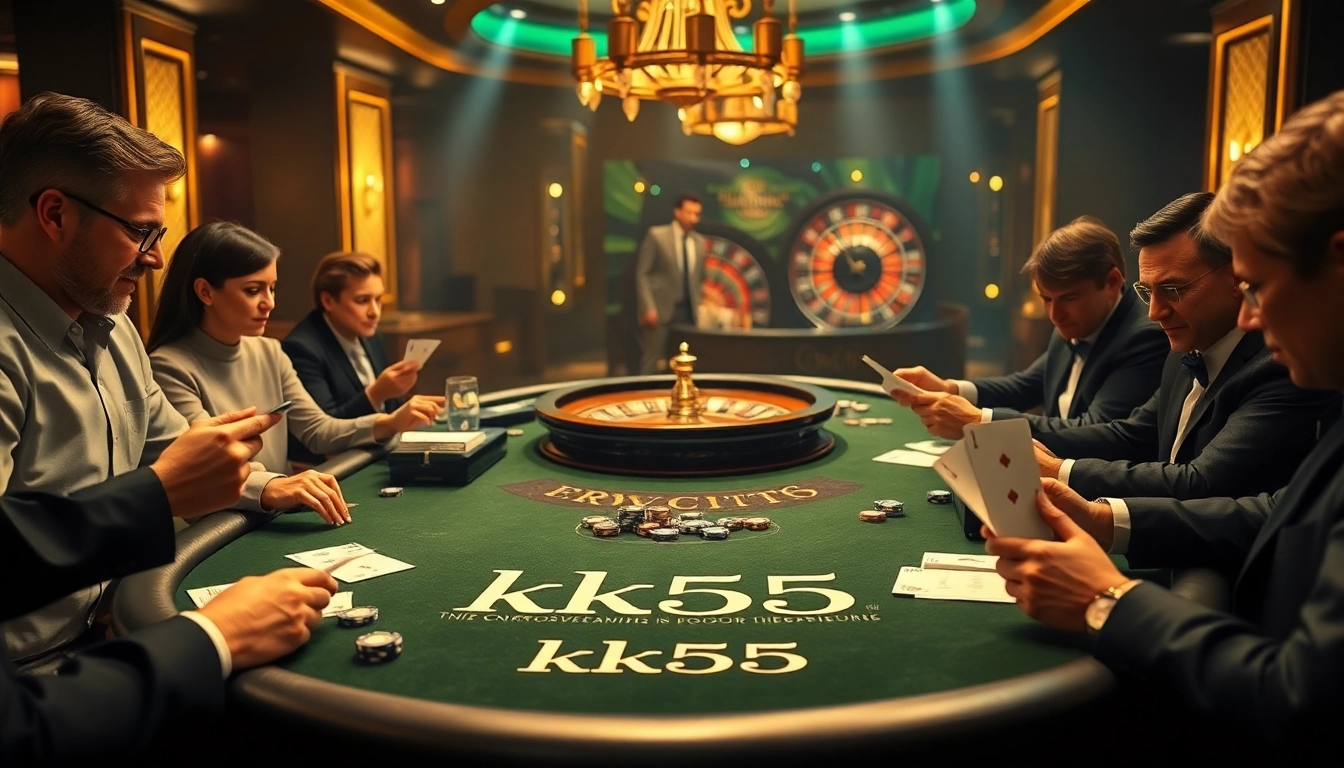 Engage in high-stakes poker at kk55's luxurious casino atmosphere with vibrant tables and excitement.