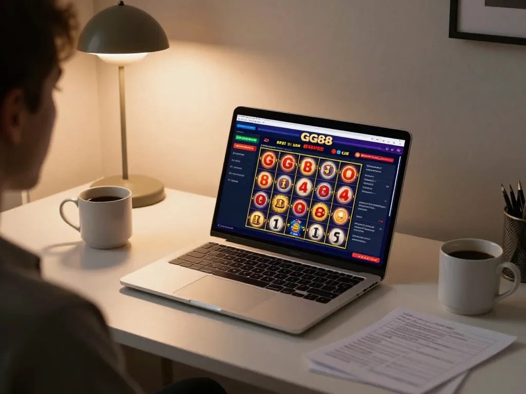 Engaging with GG88 slot Link interface on a laptop in cozy home setting, showcasing modern online gaming.