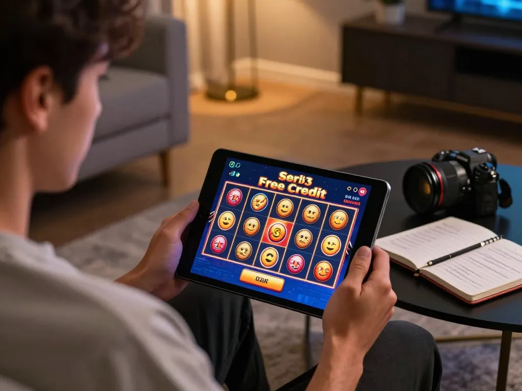 Engaging in Seri33 Free Credit Slot Malaysia gaming on a tablet, cozy home atmosphere.