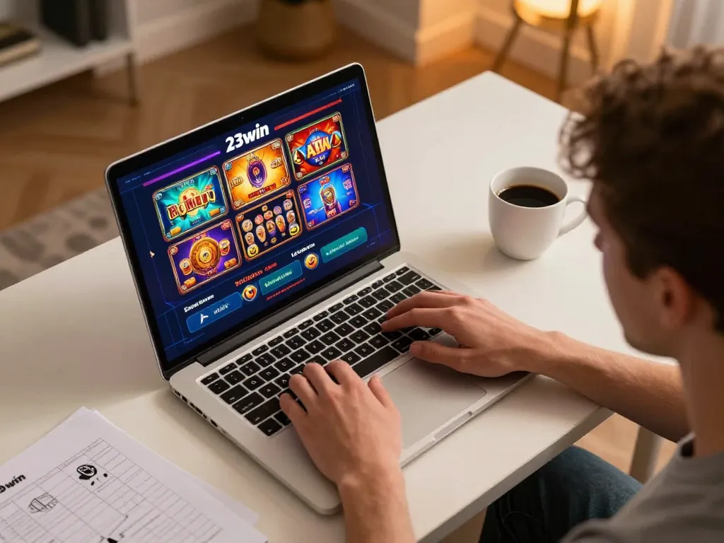 Engaged player exploring 23win's casino games on laptop during an online gaming session.