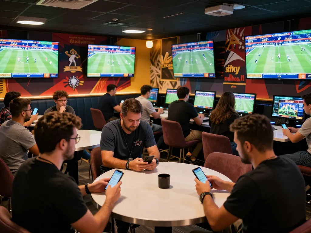 C168 game enthusiasts placing bets in a lively sports betting lounge showcasing excitement and strategy.