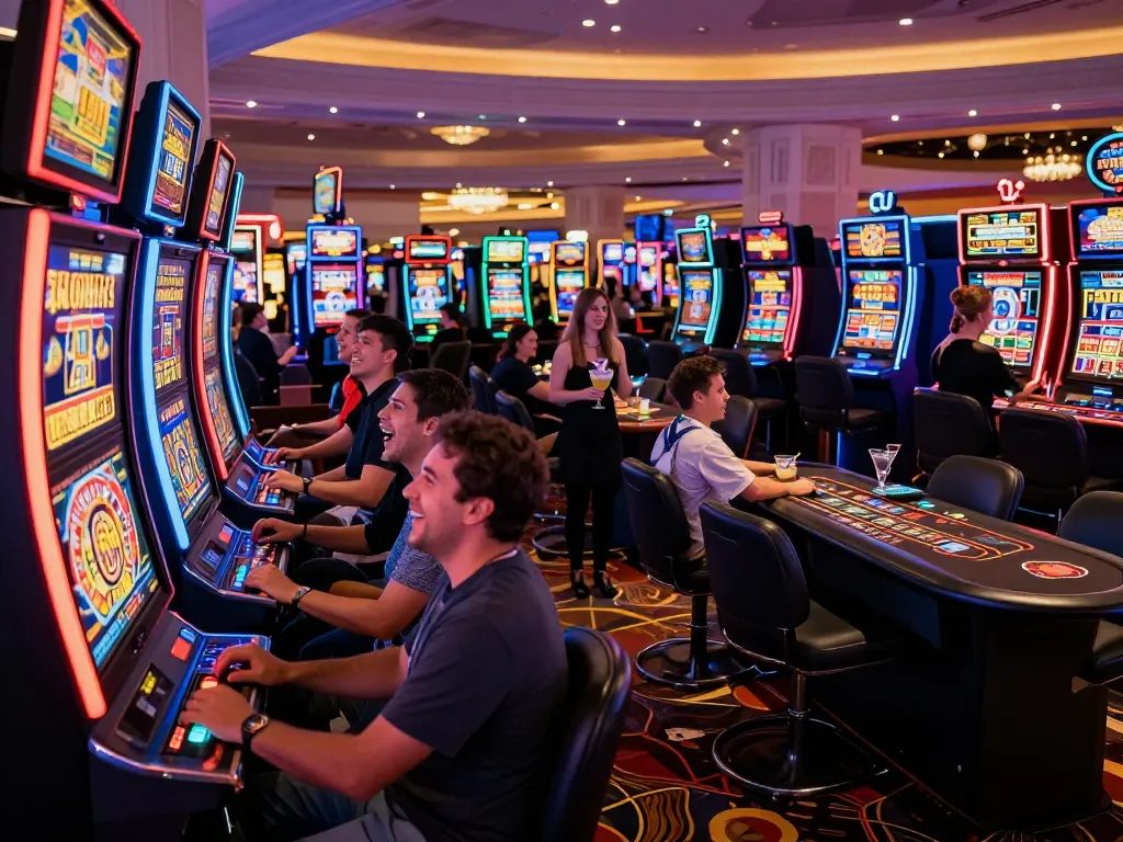 Players celebrating wins on SC888 slot machines among lively casino atmosphere