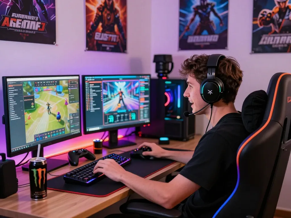 Engaging online gaming scene featuring max79 with players and vibrant atmosphere in a home setup.