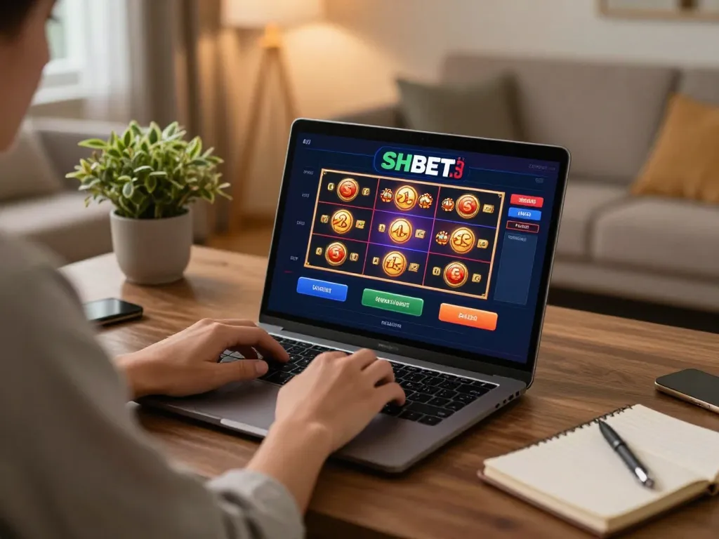 Person enjoying online gaming experience on SHBET .COM with elegant laptop setup and strategic notes.