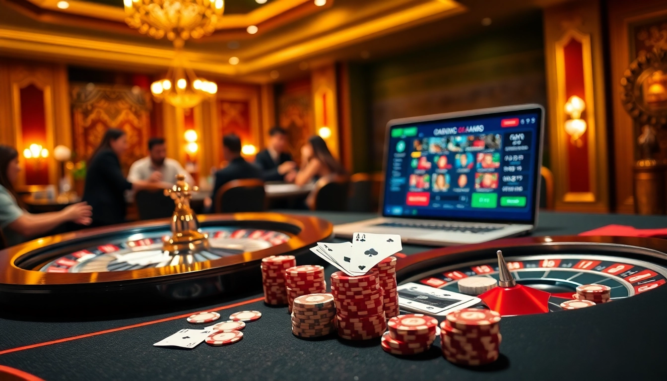 Engage in thrilling gameplay at Nhà Cái QQ88 with poker chips and roulette wheel featured prominently in an upscale casino setting.