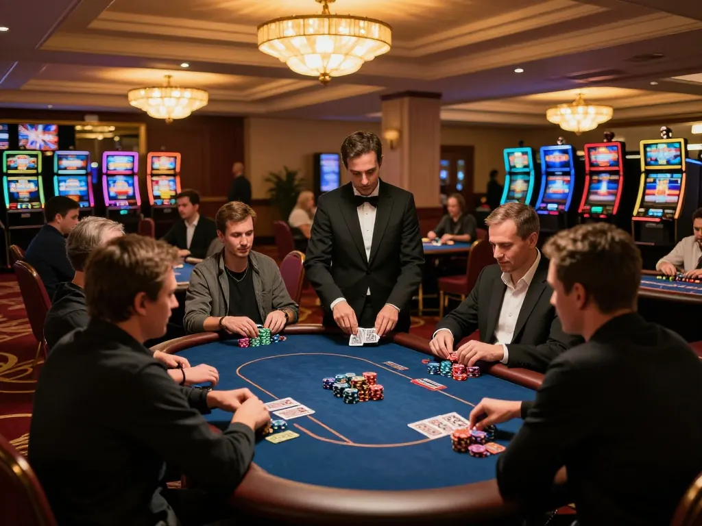 TG88 players engage in thrilling poker matches on a luxurious casino floor, capturing high-stakes excitement.