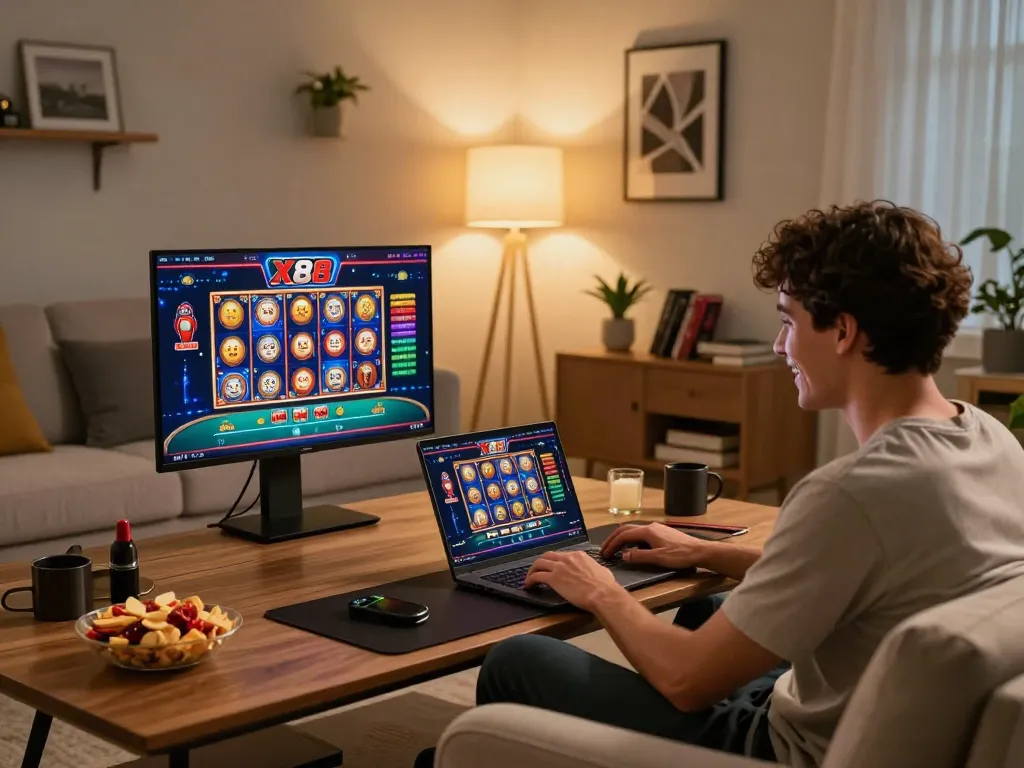 X88 users engaged in online casino gaming from a cozy home setup, showcasing a laptop displaying casino games.