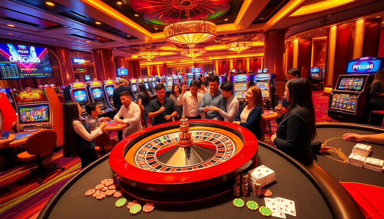 Experience the thrill of PG 88 gaming at a luxurious casino table with vibrant lights and excitement.