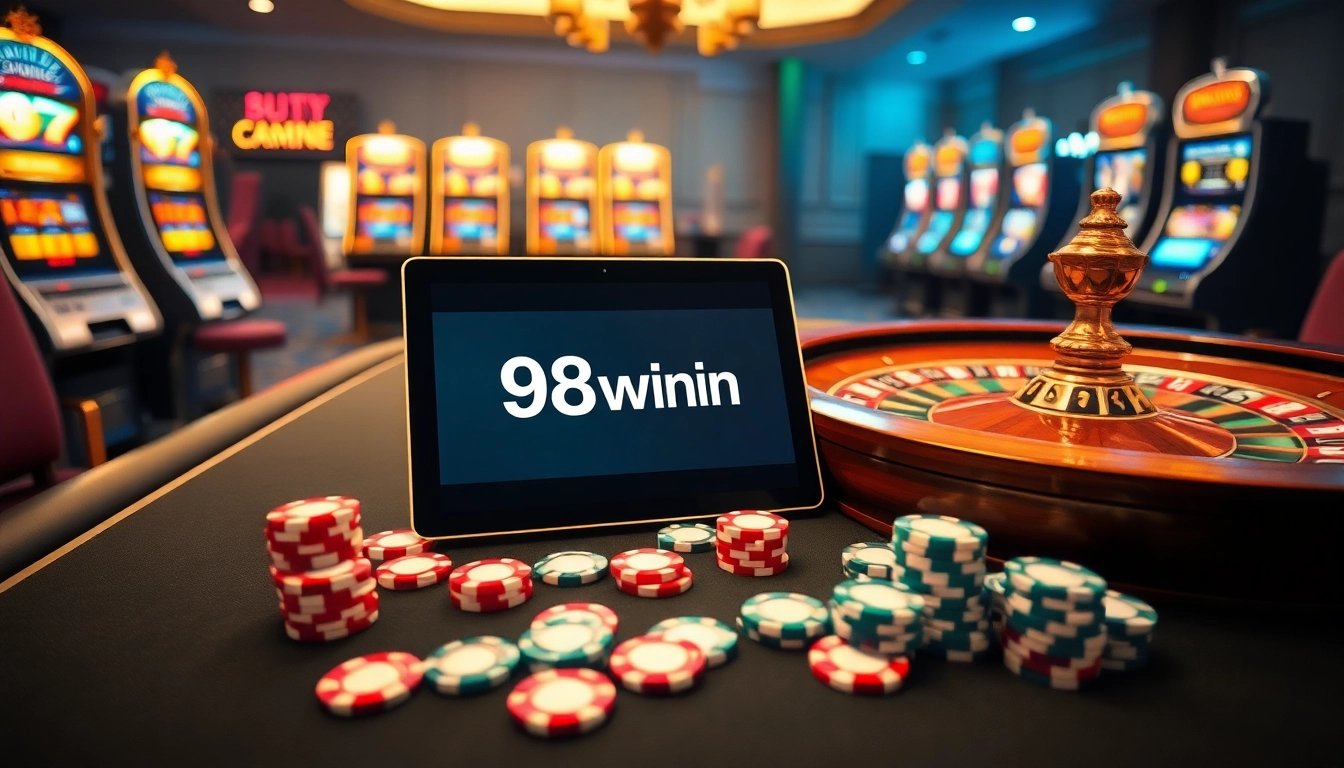 Players enjoying a thrilling casino experience at https://98winii.com/ with poker chips and a roulette wheel.