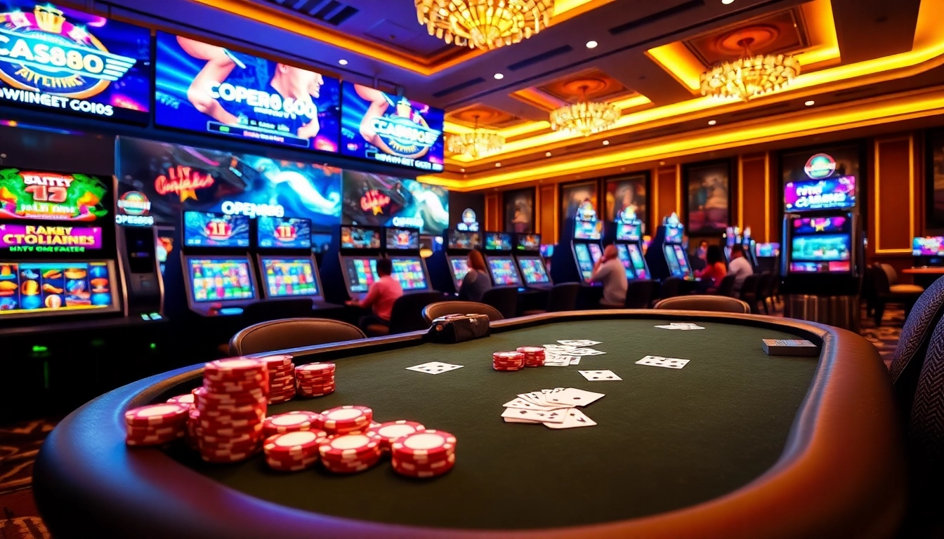Players enjoying OPEN888 with vibrant slot machines and luxurious poker tables in a modern casino setting.