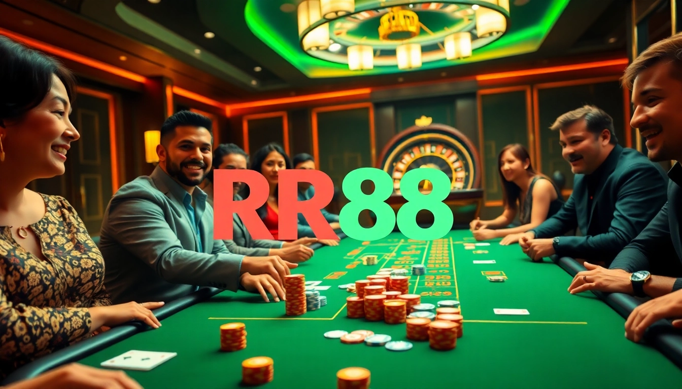 RR88 casino scene showcasing dynamic gameplay with professional dealers and vibrant poker chips.