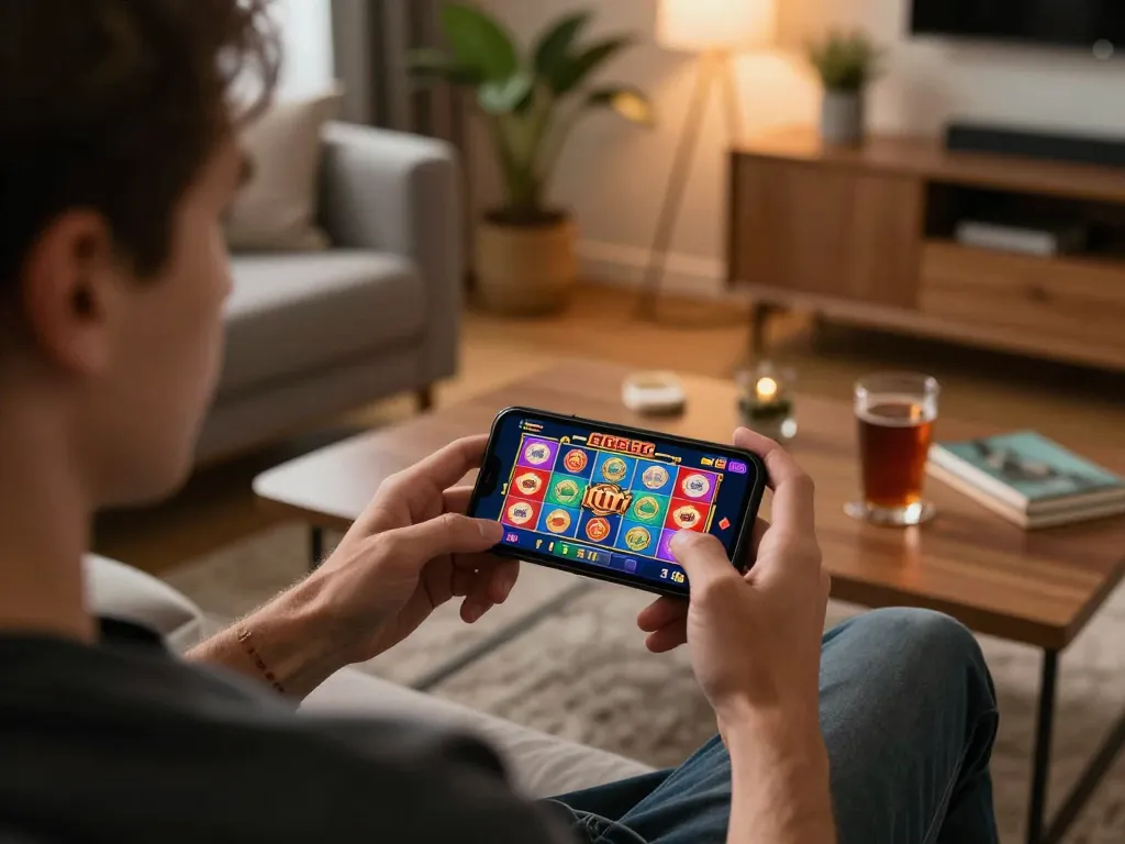 Enjoying GG88 slot Link gameplay on a smartphone in a cozy living room setting.
