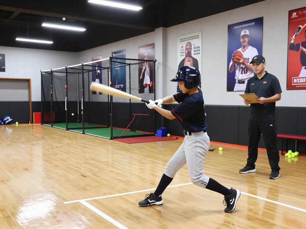 Young athlete training in baseball at Hitclub, dynamic training scene with equipment, coach observing.