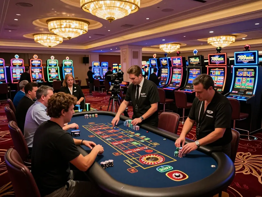 Players enjoying roulette and lively atmosphere at 789win casino, showcasing vibrant betting action and luxurious ambiance.