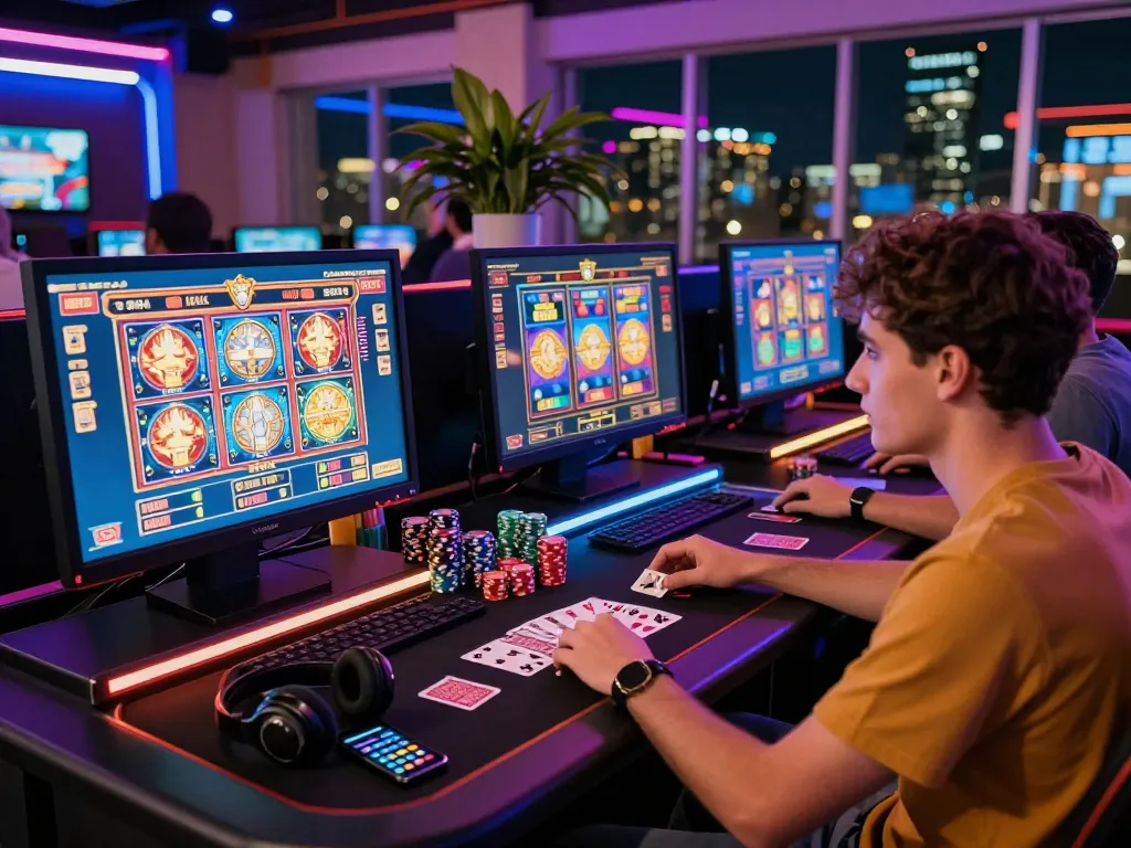 Player enjoying nk88 online casino games in a vibrant gaming environment with glowing screens and excitement