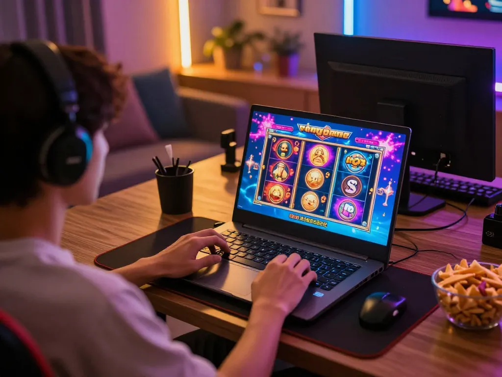 Engaging in cổng game Go88 online gambling with vibrant slots on laptop.