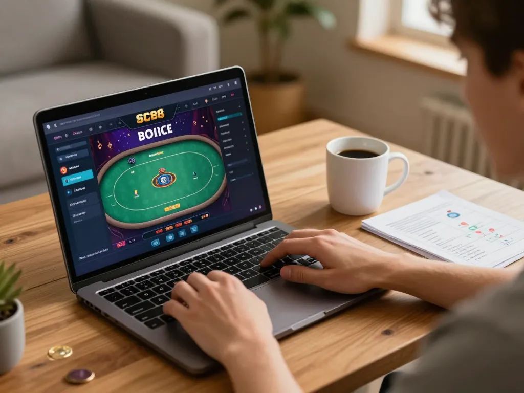 Engaging in SC88 online gambling with laptop showing casino interface and strategy notes.