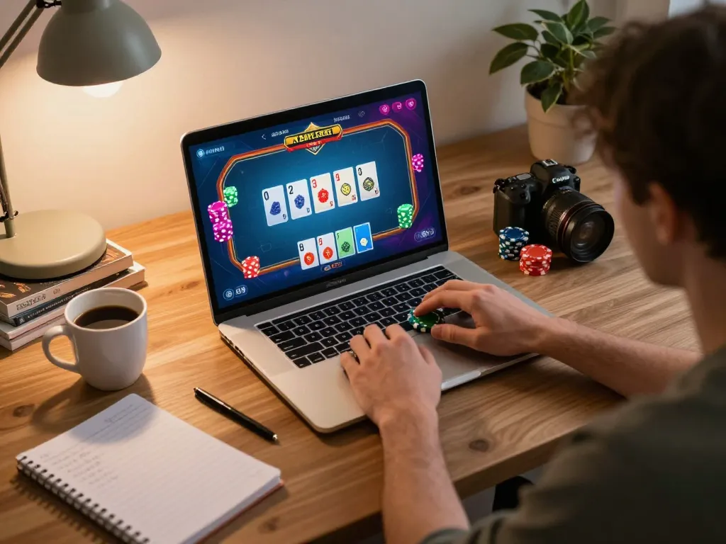 Engaging scene of online poker gameplay showcasing game bài đổi thưởng strategies in a cozy home setting.