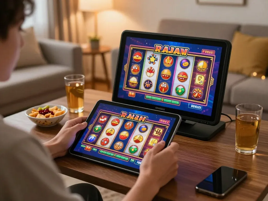 Playing raja slot on tablet amidst a cozy home atmosphere, complete with snacks and drinks for a comfortable gaming experience